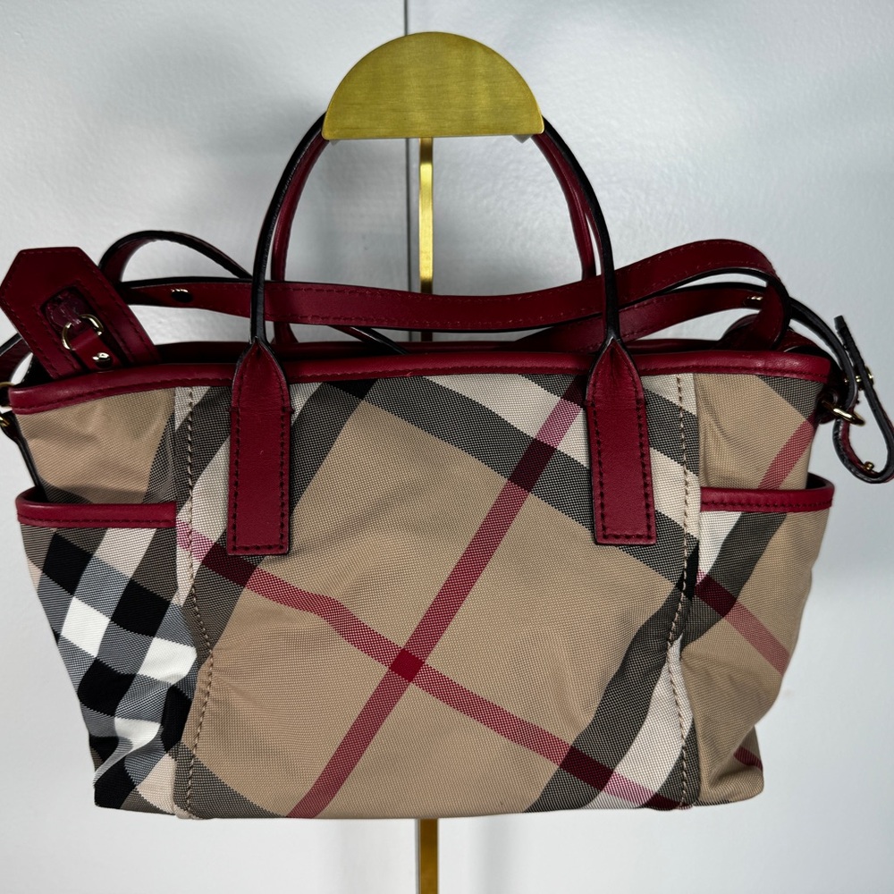 Burberry Nova Check Mini Tote Red Leather Trim Crossbody Bag